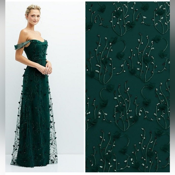 Dessy Collection Off-Shoulder A-Line 3D Floral Embroidered Evergreen Maxi Dress - Picture 2 of 11